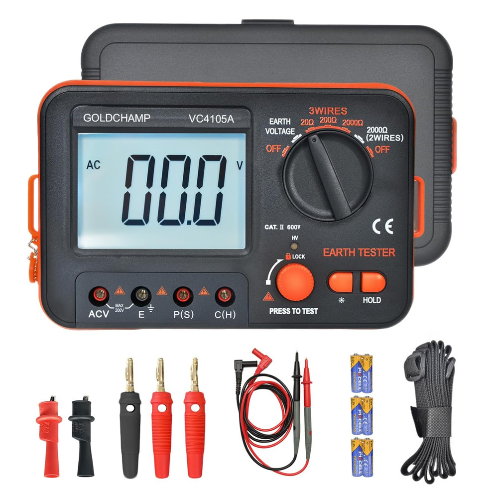 Digital Earth Resistance Tester, Grounding Resistance Meter with AC Voltage Meas