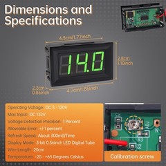 5 Pack DC 5-120V Digital Mini Voltmeter 2 Wire 0.56 Inch LED Display Green