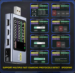 USB Tester 4–28V 7A LCD, measures V/A/W, USB A&C, app, PD & QC support