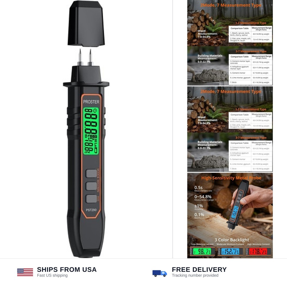 Proster Pocket Wood Moisture Meter with Detachable Pins – 7 Material Settings…