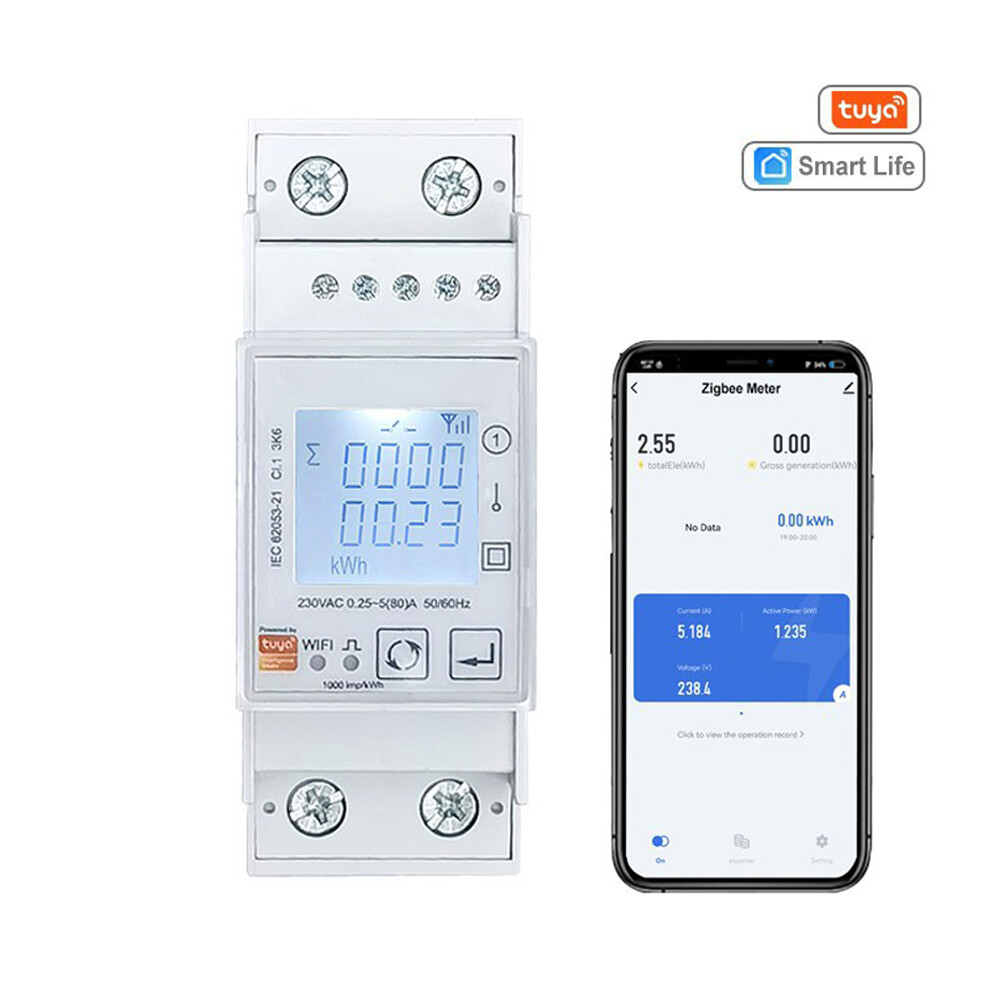 Tuya Smart Single Phase ZigBee/WiFi Energy Meter AC85-270V 80A 45-65Hz Din Rail