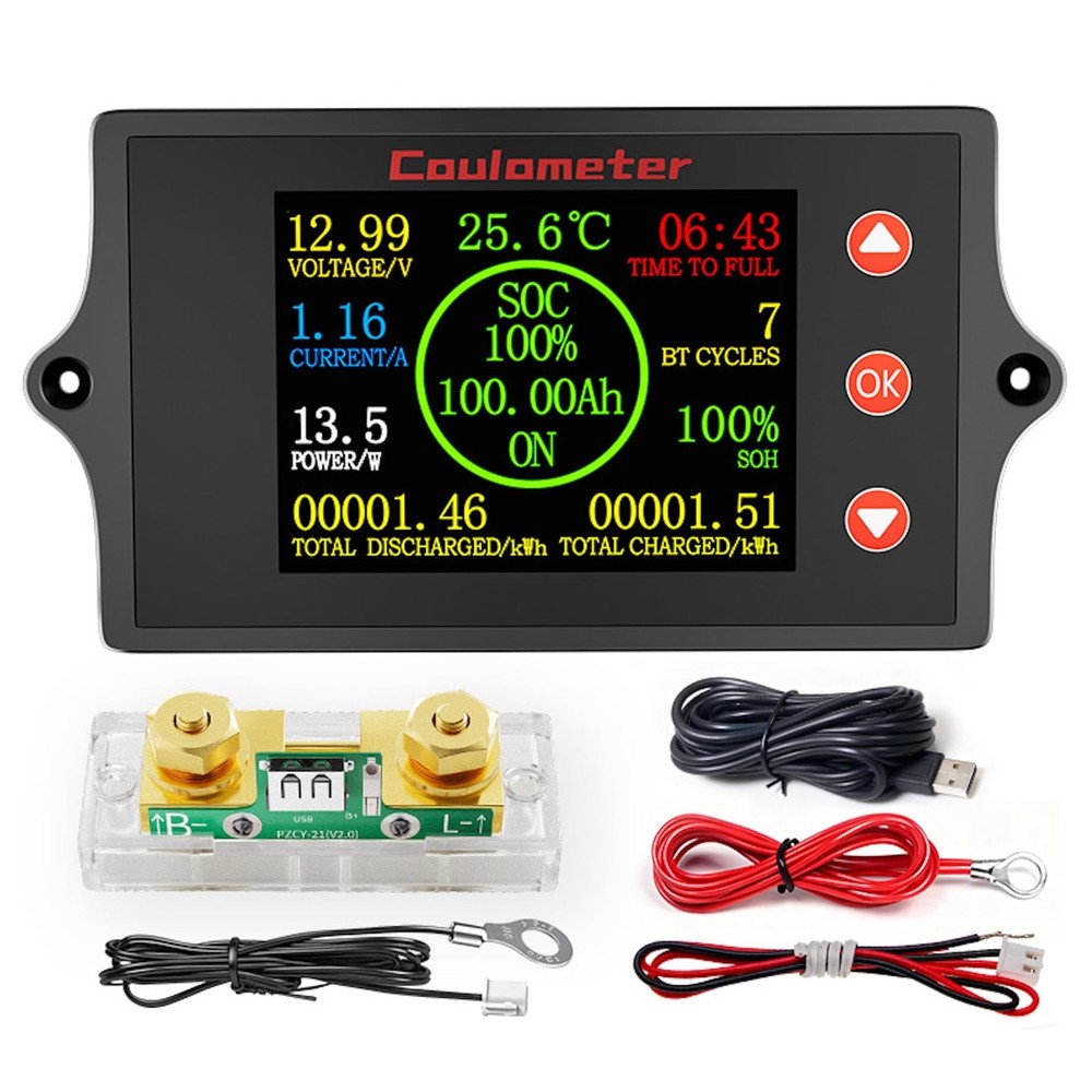RQG New 200A Battery Monitor with Shunt,8-100V 2 Inch Color Screen black