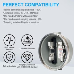 100 Amp Meter Socket, 4 Jaw Meter Base, 240V 3 Wire Ring Type, with Horn Bypa…