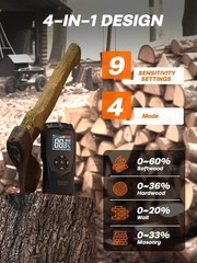 Non-contact wood moisture meter with 4 measurement modes and 9 density settings