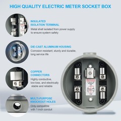 100 Amp Meter Socket, 4 Jaw Meter Base, 240V 3 Wire Ring Type, with Horn Bypa…