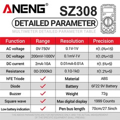 ANENG SZ308 Digital Multimeter Electrician Tester Current Meter Ohm