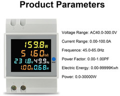 Medidor de energía monofásico DIN 40–300V 100A con pantalla digital, Nuevo