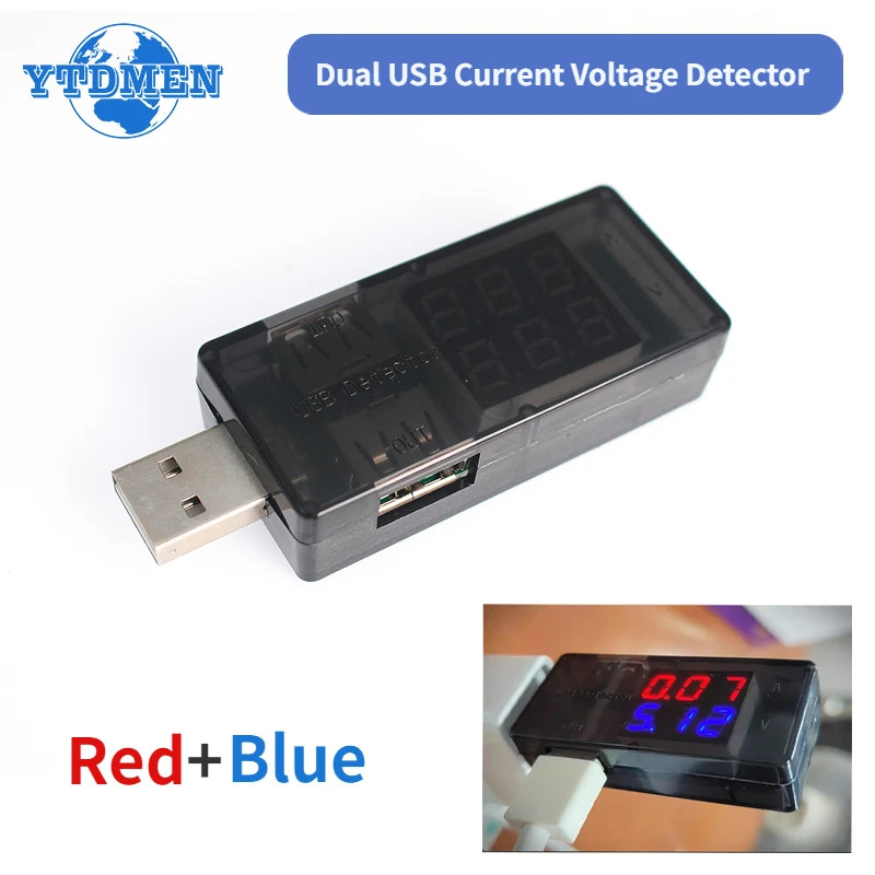 Dual USB Voltage Current Tester 3-9V 0-5A Battery Charger Meter Red+Blue