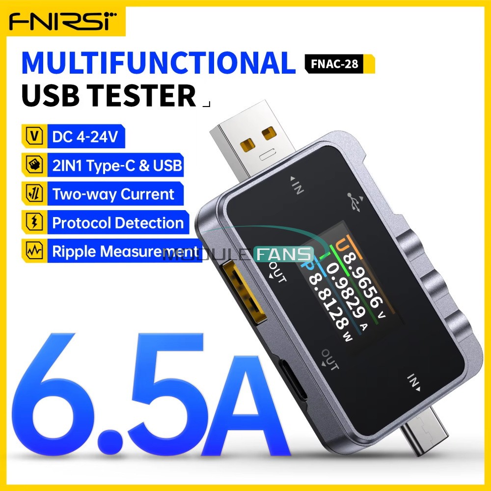 FNIRSI FNAC-28 2 IN 1 Type-C USB Tester 6.5A Digital Voltmeter Ammeter Meter