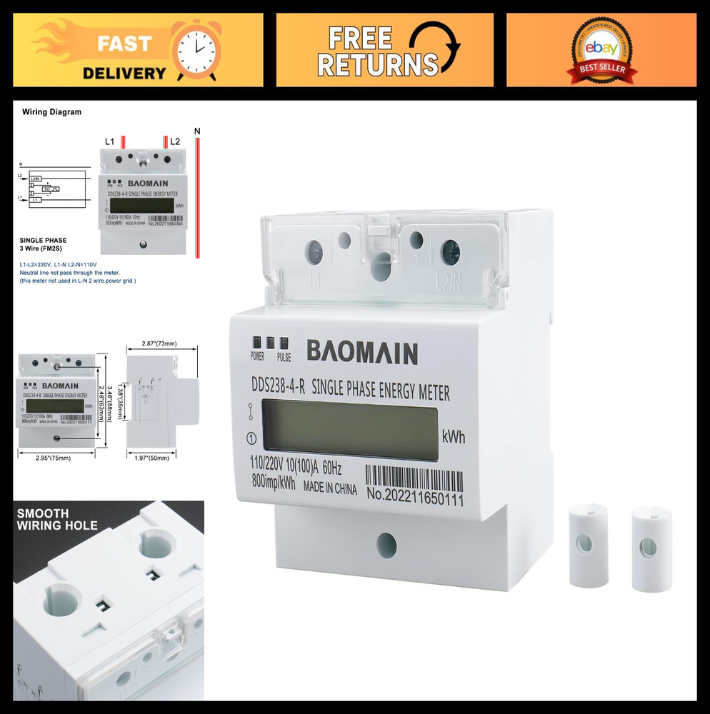Single-Phase 3-Wire DIN Rail kWh Meter 110V/220V AC Energy Monitor 10A LCD Displ