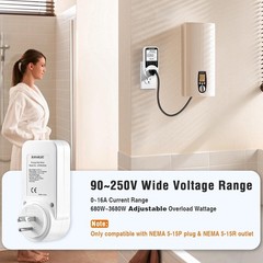 Watt Meter, Plug-in Socket Power Meter, 90V-250V Wide Range, Backlit Large Displ