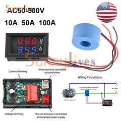 10/50/100A Voltmeter Current Voltage Amp Meter Hall Effect Sensor AC 50-600V