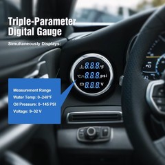Triple Gauge Set 3in1,Water Temp (104°F-248°F), Oil Pressure (0-145PSI