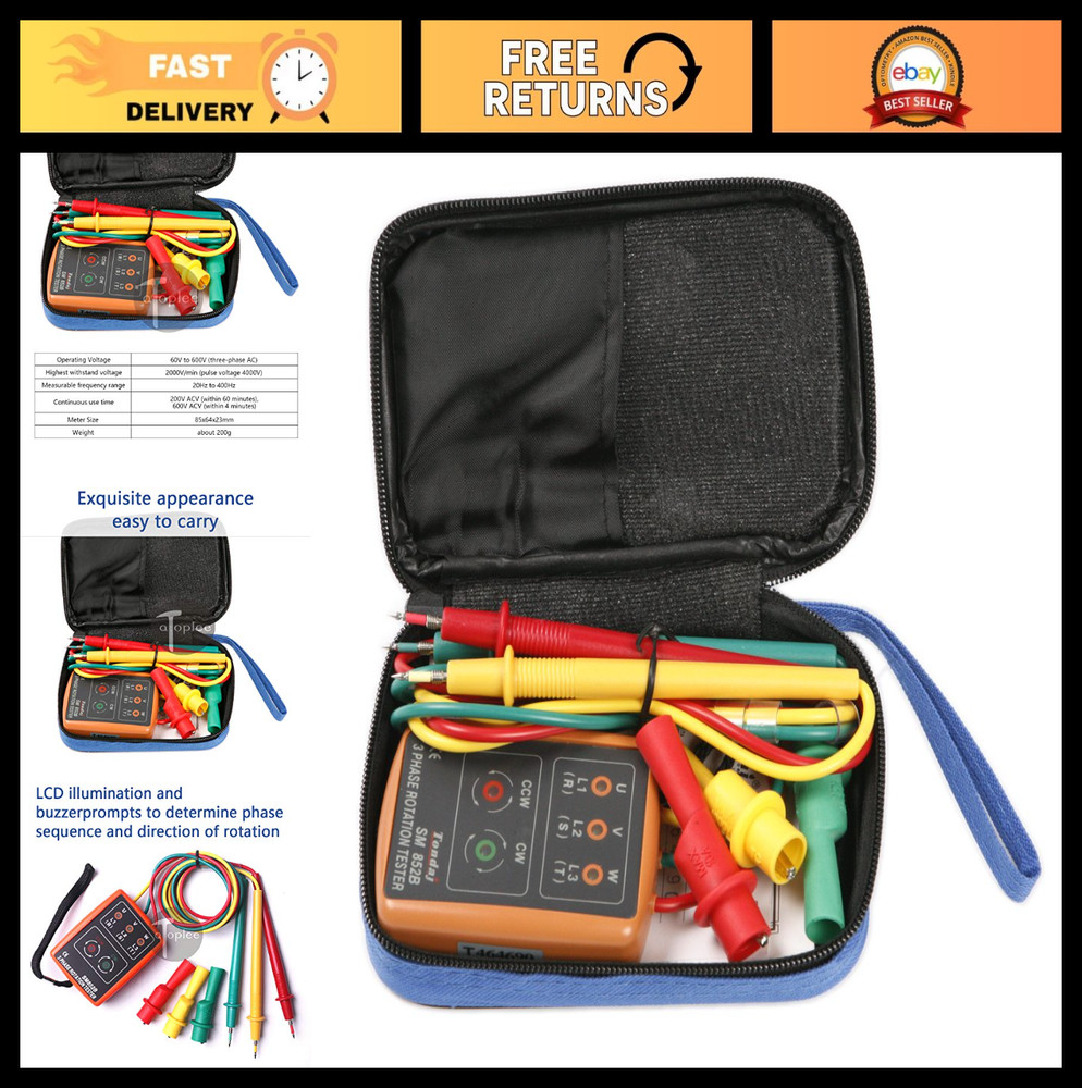 3 Phase Sequence Tester Meter with LED & Buzzer, 60V-600V AC Indicator Detector
