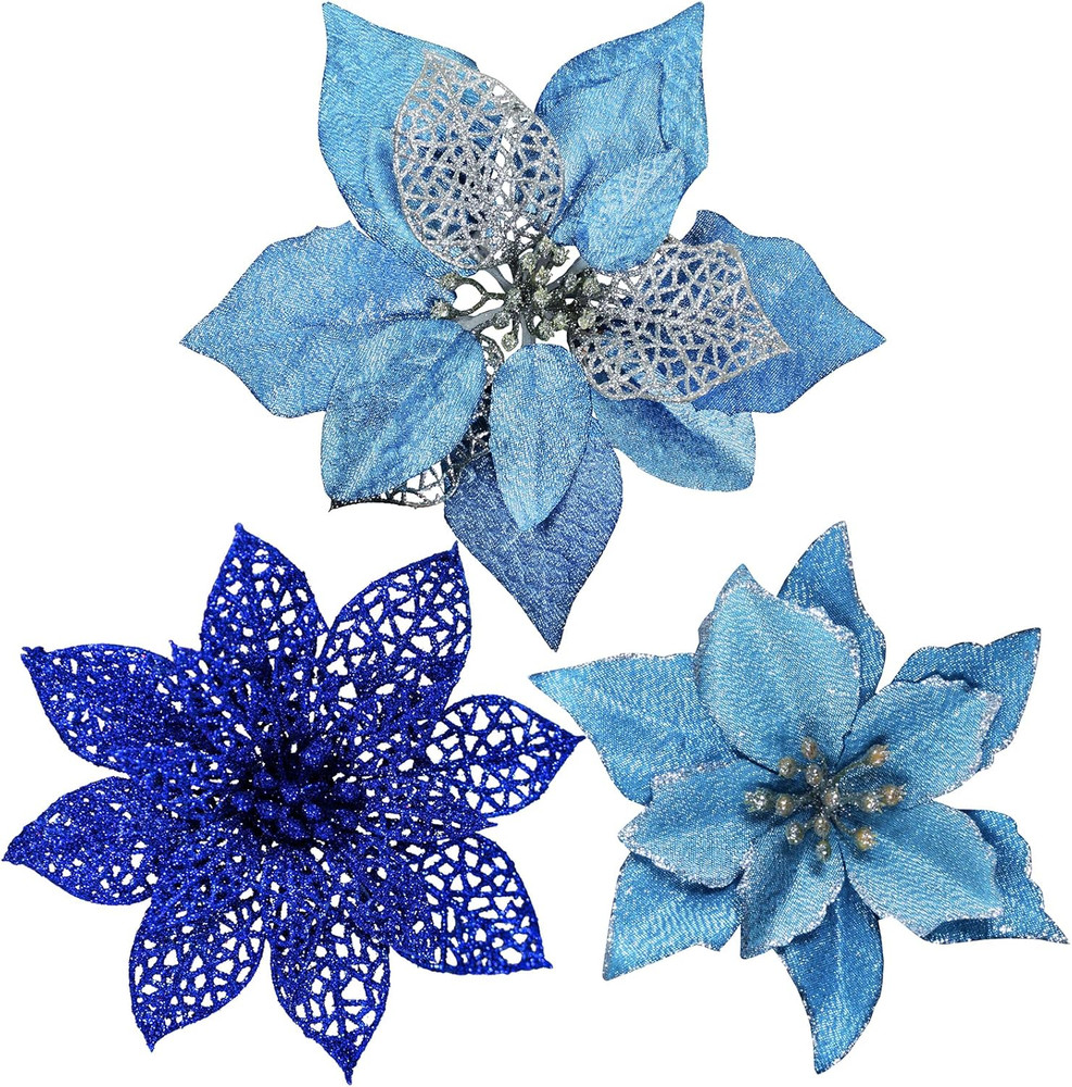 24 Set 3 Styles Christmas Blue Glitter Poinsettia Flowers Picks Christmas Tree O