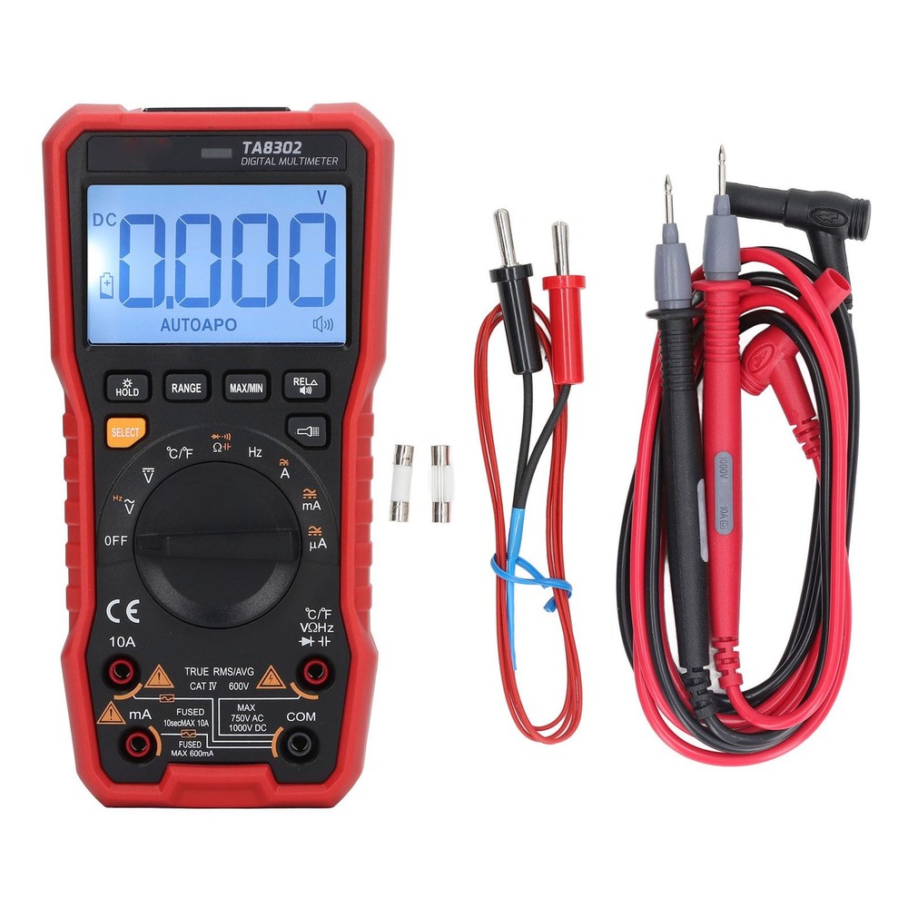 TA8302 Digital Multimeter True RMS Auto Range Backlit Display 9V Powered