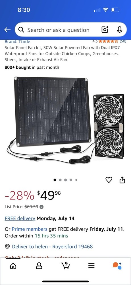 Solar Powered 30W Fan Kit with IPX7 Waterproof Fans for Greenhouses and Sheds