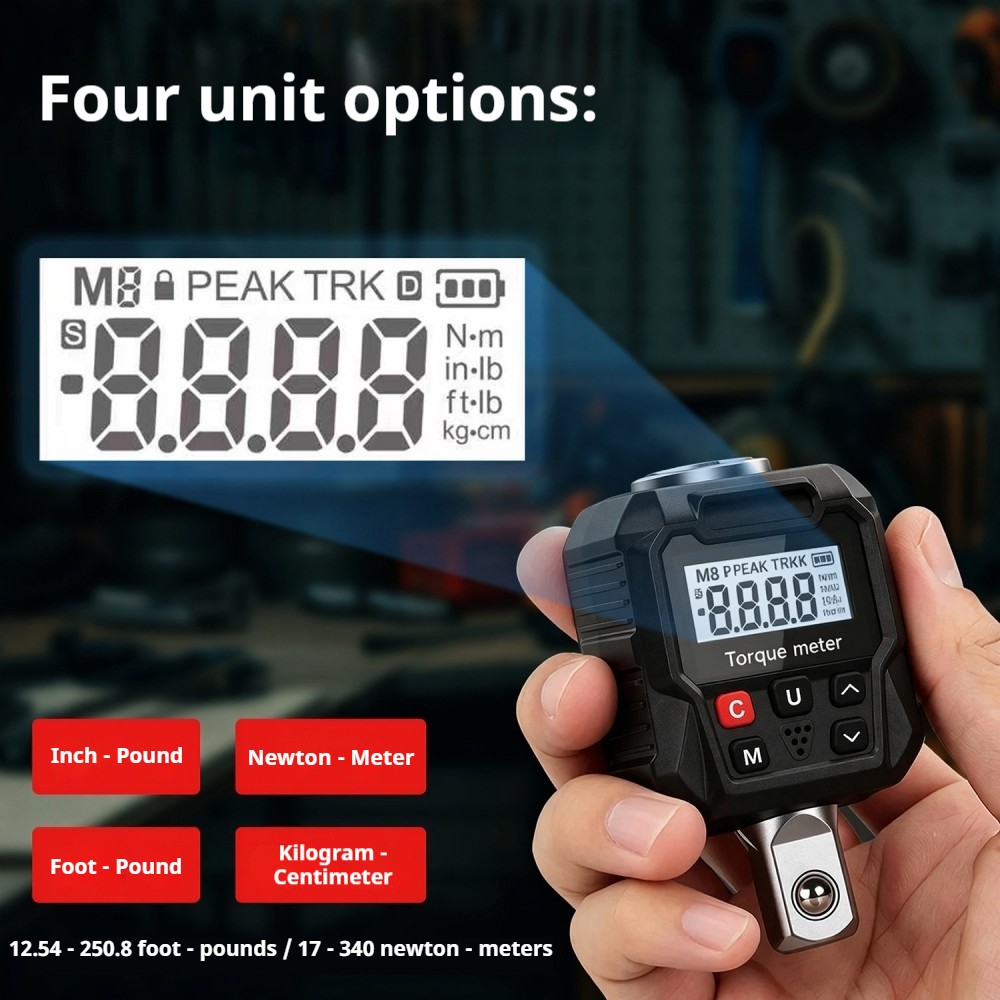 Digital Torque Meter 17-340Nm Electronic Torque Tester Adapter 4 Units Switch
