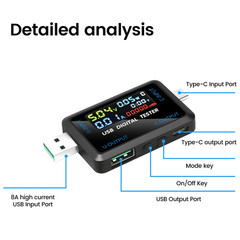 10 in 1 USB Type-C Voltmeter Ammeter Capacity Tester DC 4.5~36V 0-8A Multiple Fa