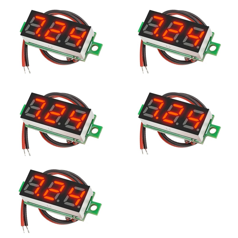 Samcos LED Digital Voltmeter, 2-wire, 0.28-inch, 2.5V-30V, 5-pack, Red, Digital