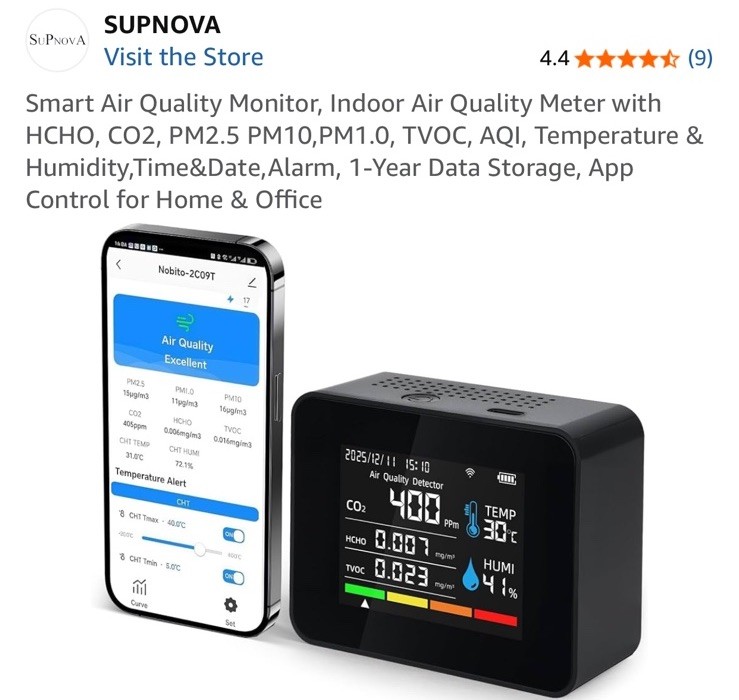 9-in-1 Air Quality Monitor Indoor CO2 Meter TVOC HCHO PM2.5/1.0/10 CO Detector