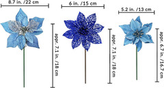 24 Set 3 Styles Christmas Blue Glitter Poinsettia Flowers Picks Christmas Tree O