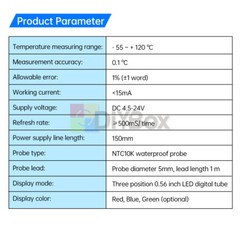 Digital Thermometer LED Display DC4.5-28V NTC Probe Sensor Temperature Meter DIY