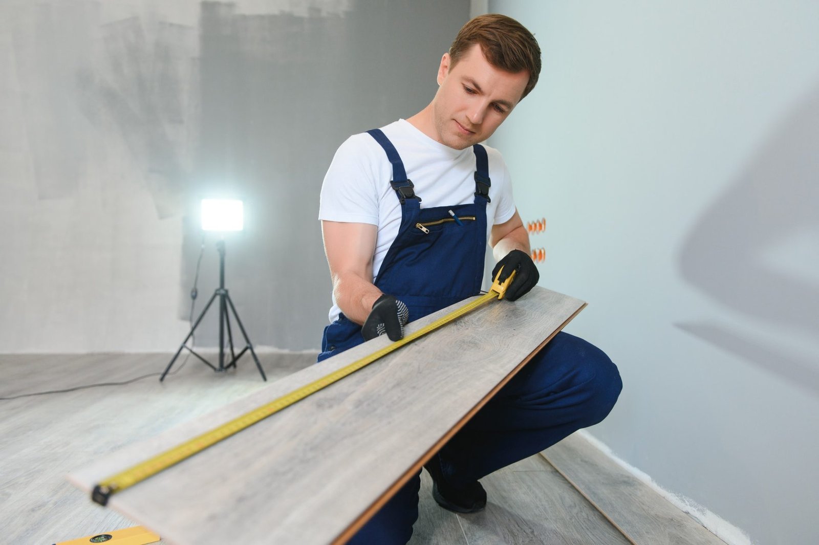 Repairman laying laminate flooring at home